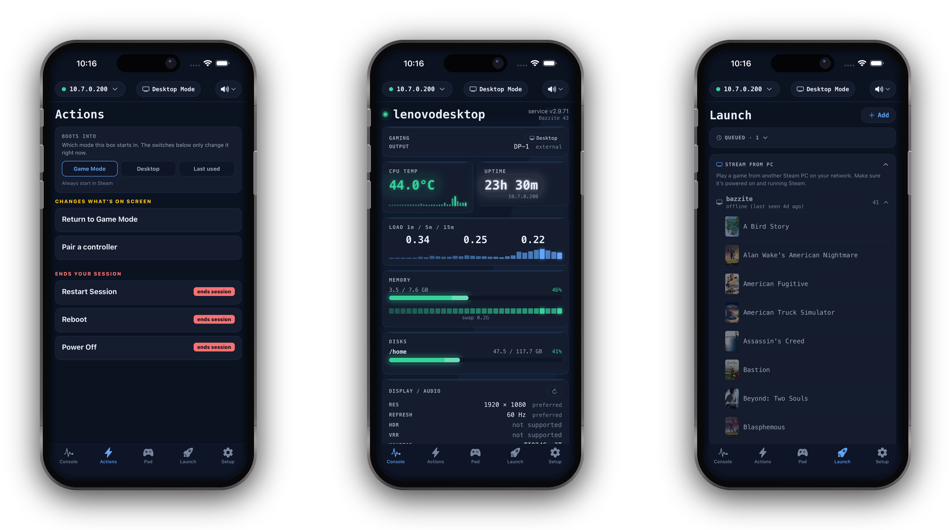 Three phone screens side by side: an Actions list with boot-mode and session controls, a Console dashboard showing one box's temperature, load, memory and disks, and a Launch screen listing a Steam library with cover art
